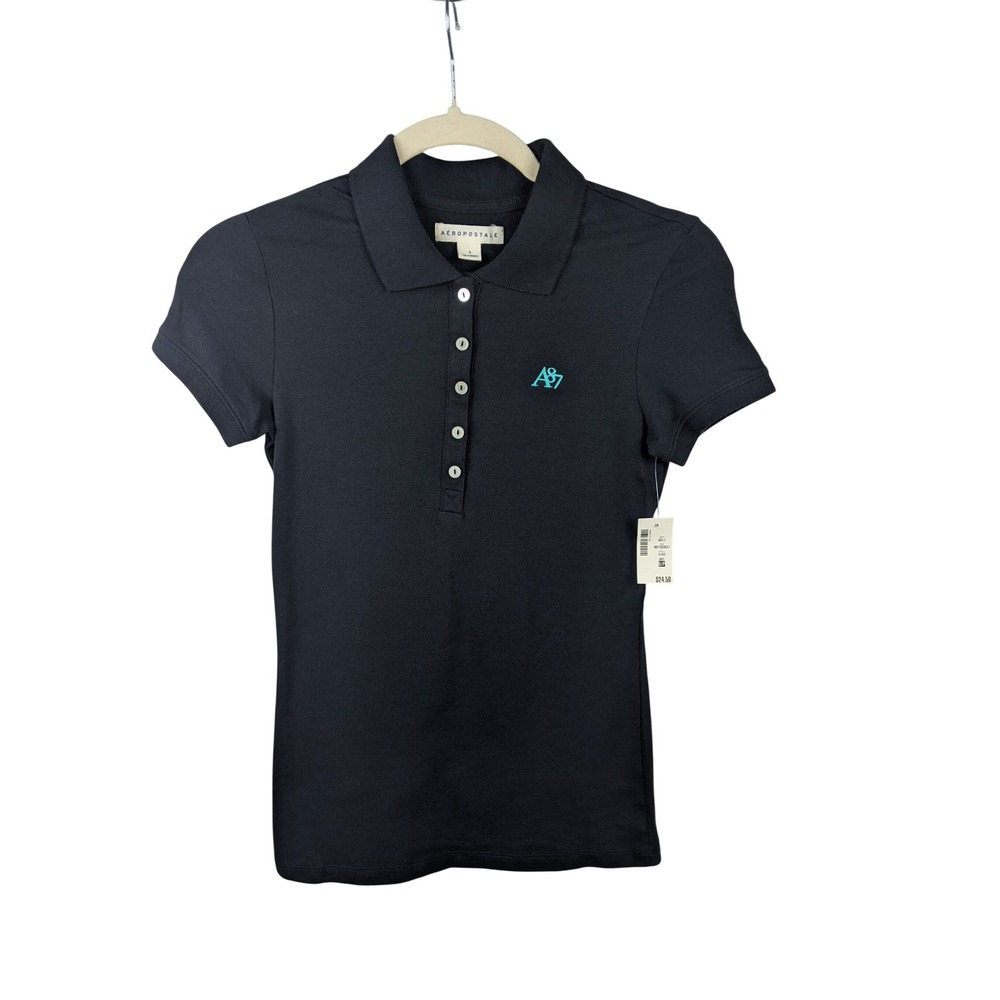 Aeropostale Womens Black A87 Logo Short Sleeve Pique Polo Shirt Small Y2K NWT